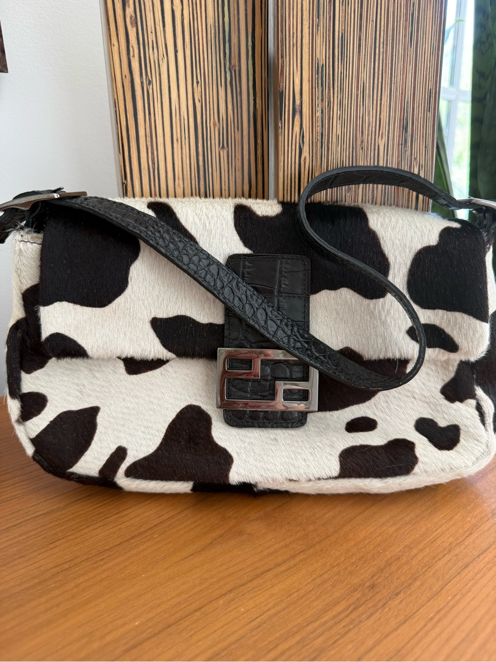 Real fur Cowhide Black and White Shoulder Bag